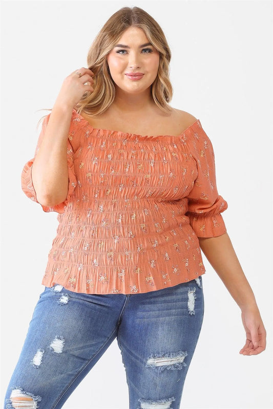 Plus Size Terracotta Floral Ruched Off-The-Shoulder Top - Tasha Apparel Wholesale