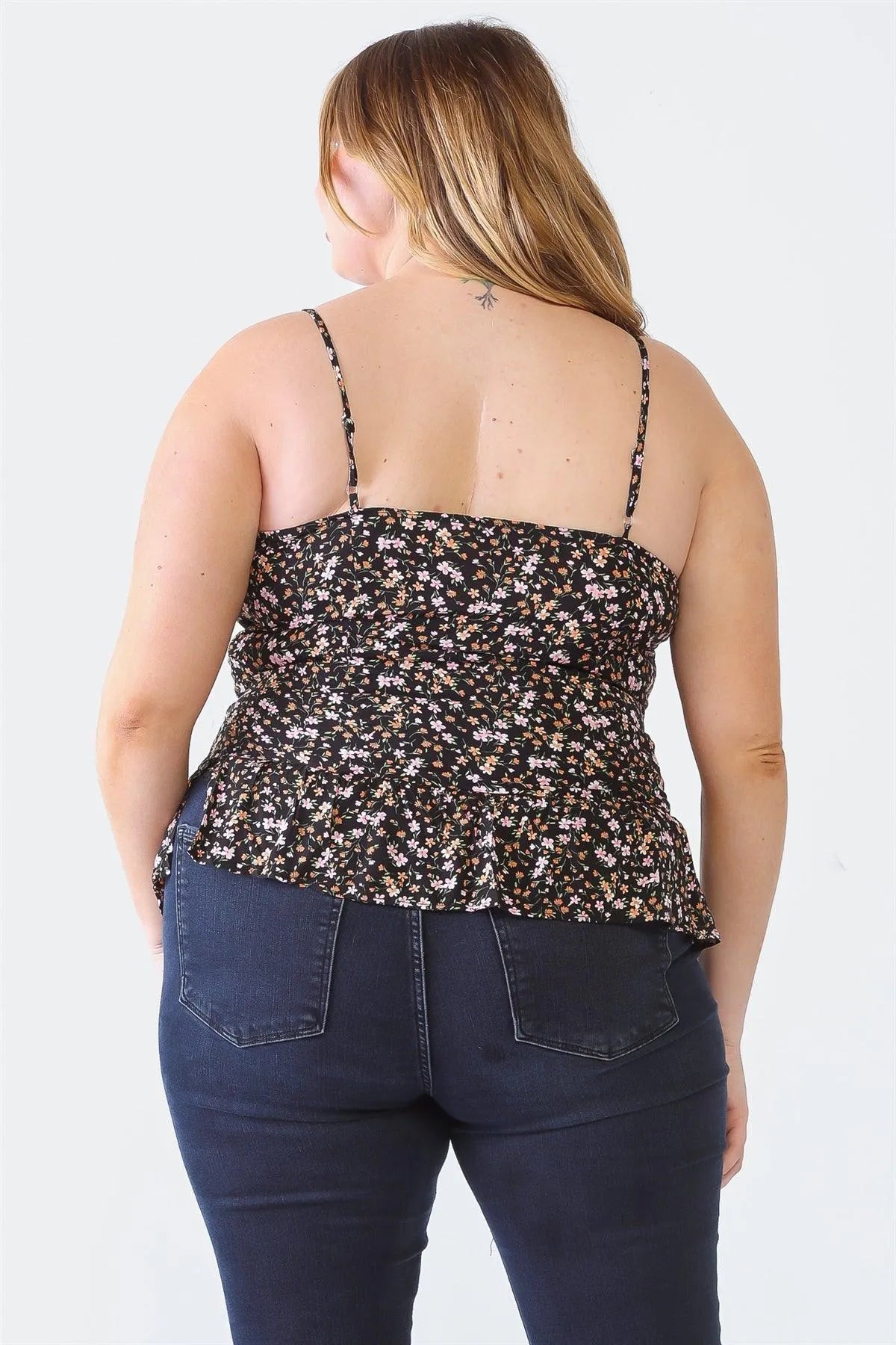 Plus Size Black Floral Ruched Flare Hem Sleeveless Top - Tasha Apparel Wholesale