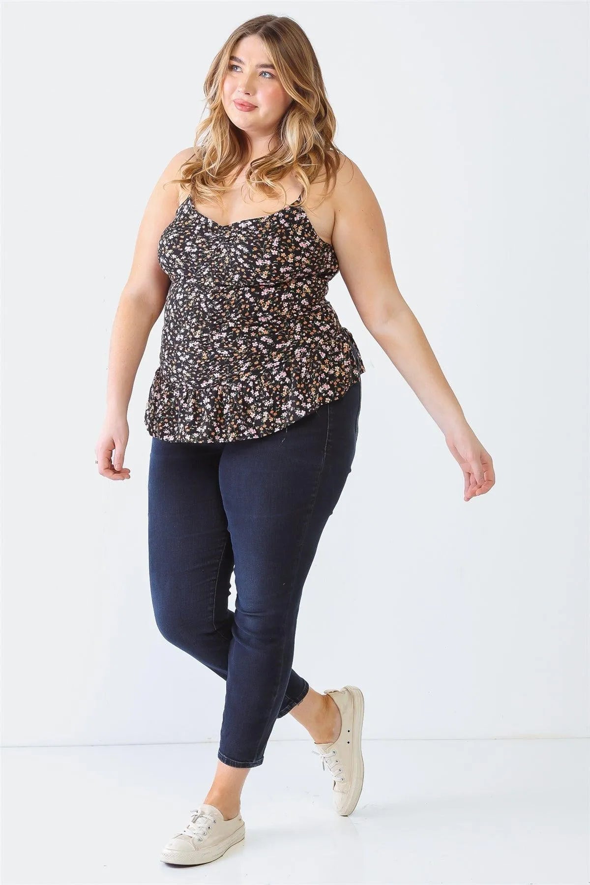 Plus Size Black Floral Ruched Flare Hem Sleeveless Top - Tasha Apparel Wholesale