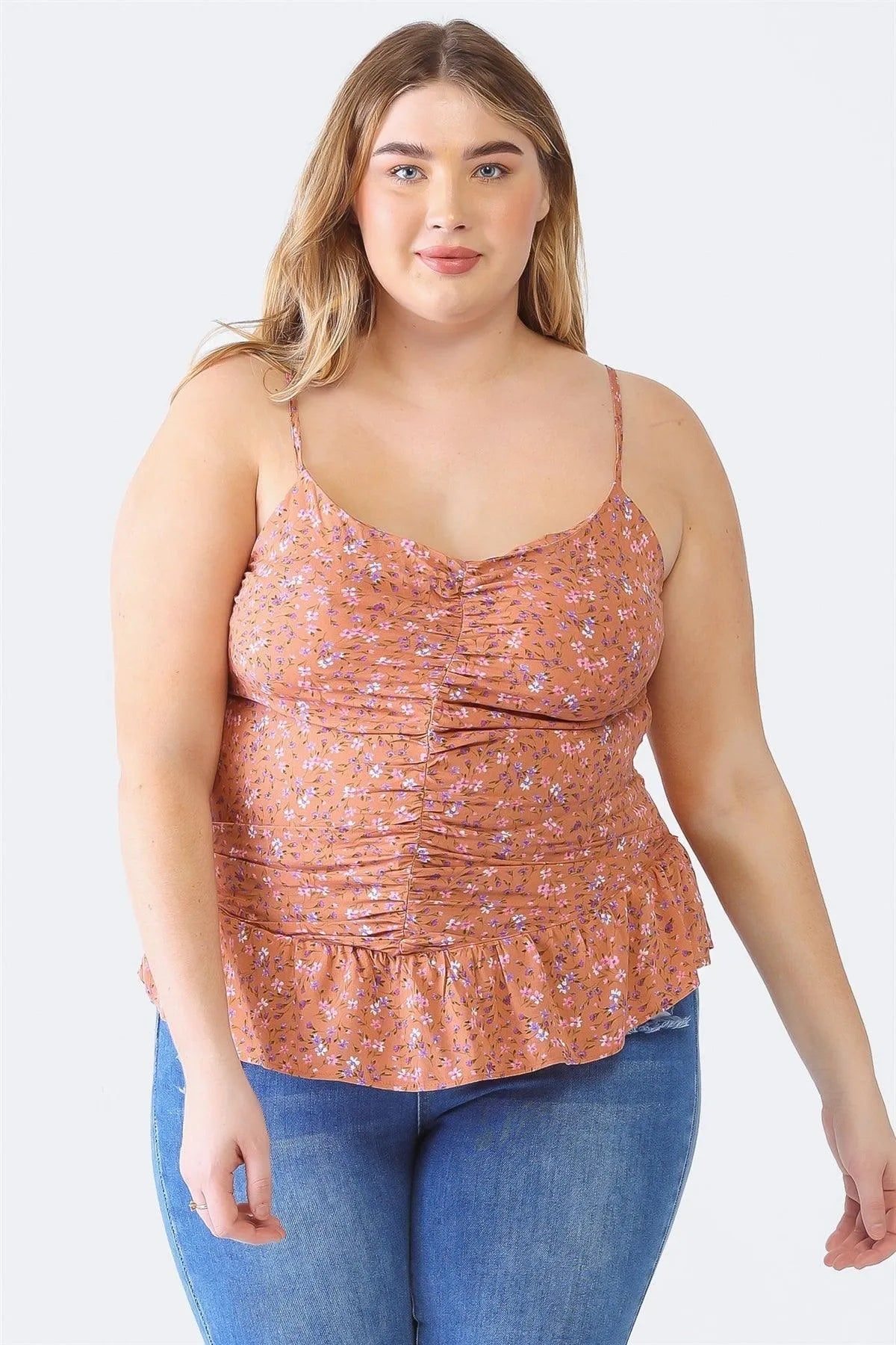 Plus Size Clay Floral Ruched Flare Hem Sleeveless Top - Tasha Apparel Wholesale