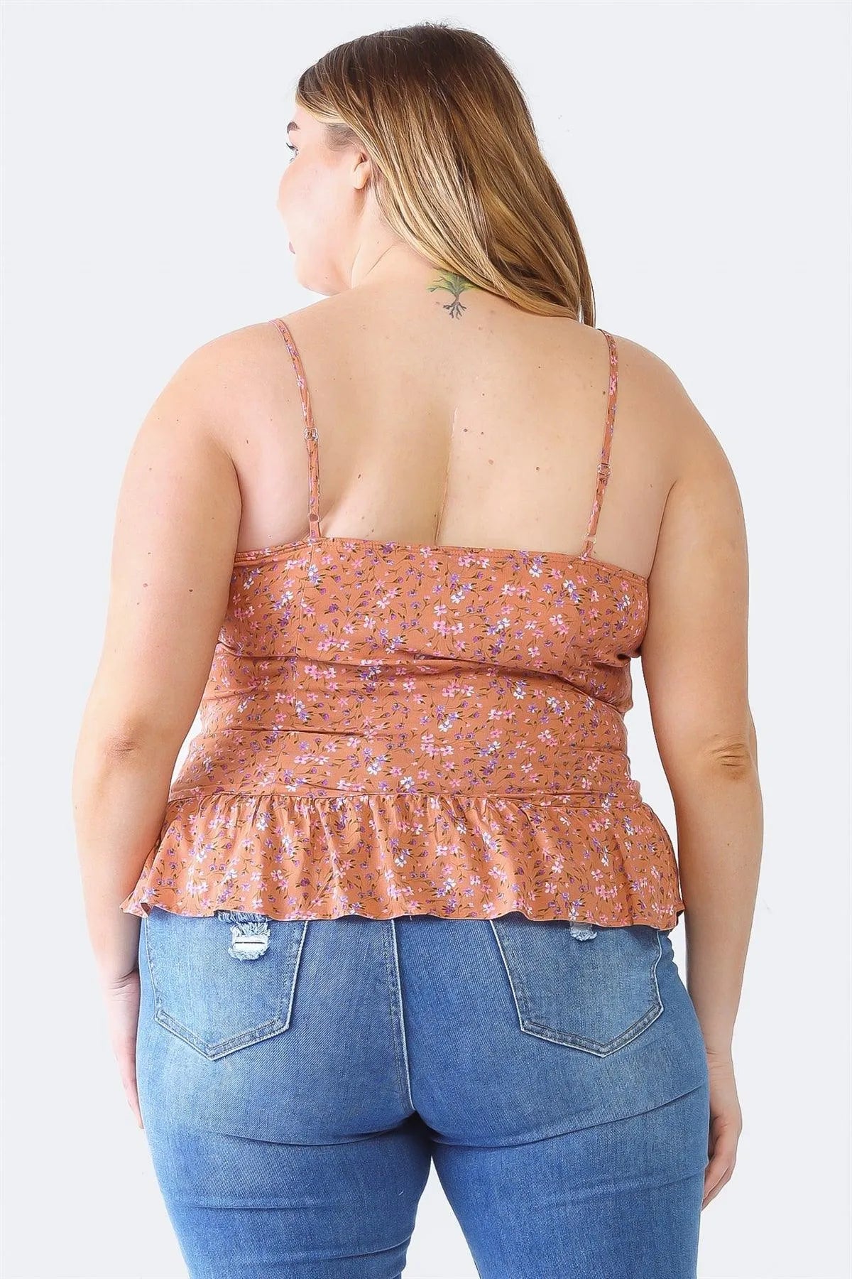 Plus Size Clay Floral Ruched Flare Hem Sleeveless Top - Tasha Apparel Wholesale
