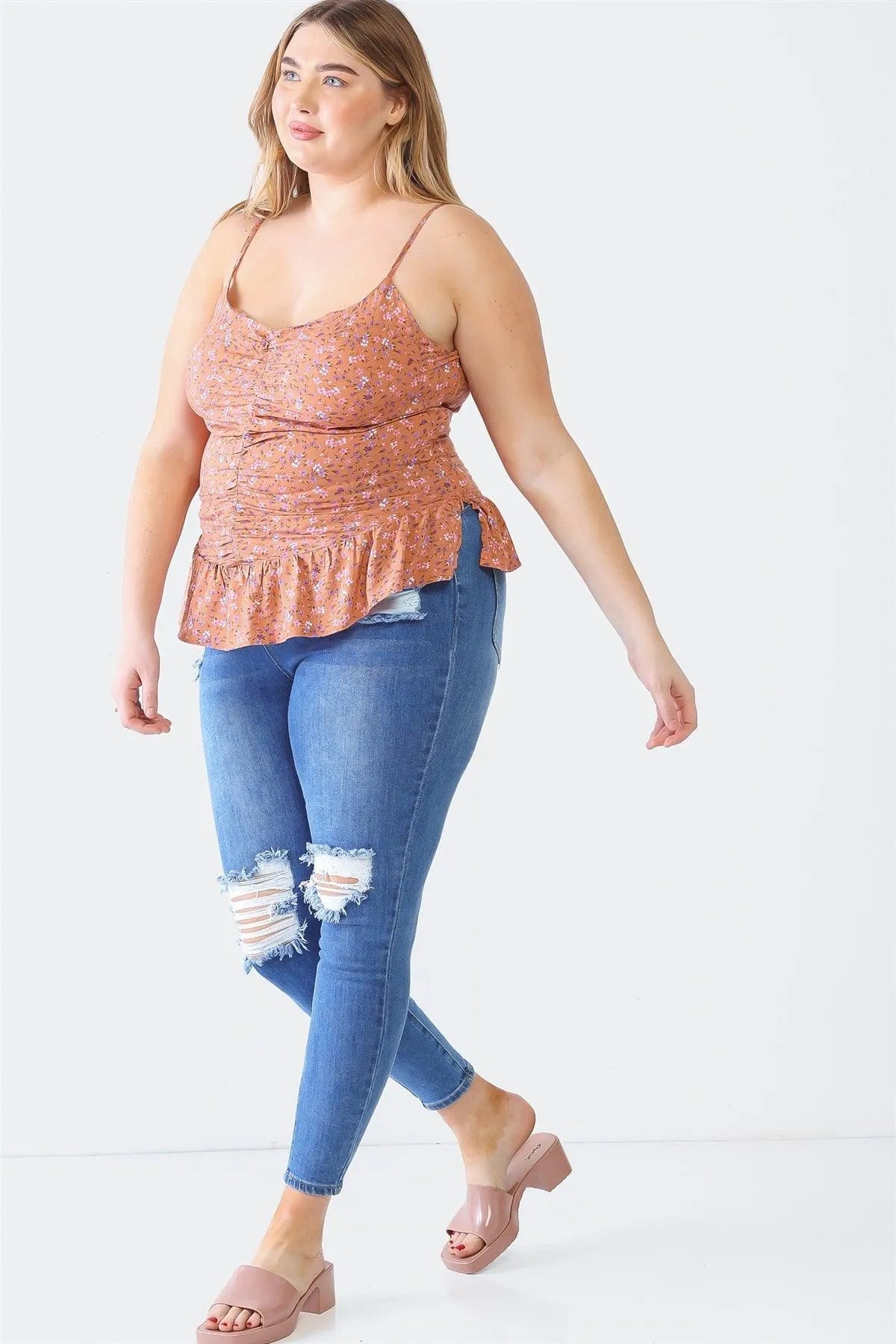 Plus Size Clay Floral Ruched Flare Hem Sleeveless Top - Tasha Apparel Wholesale