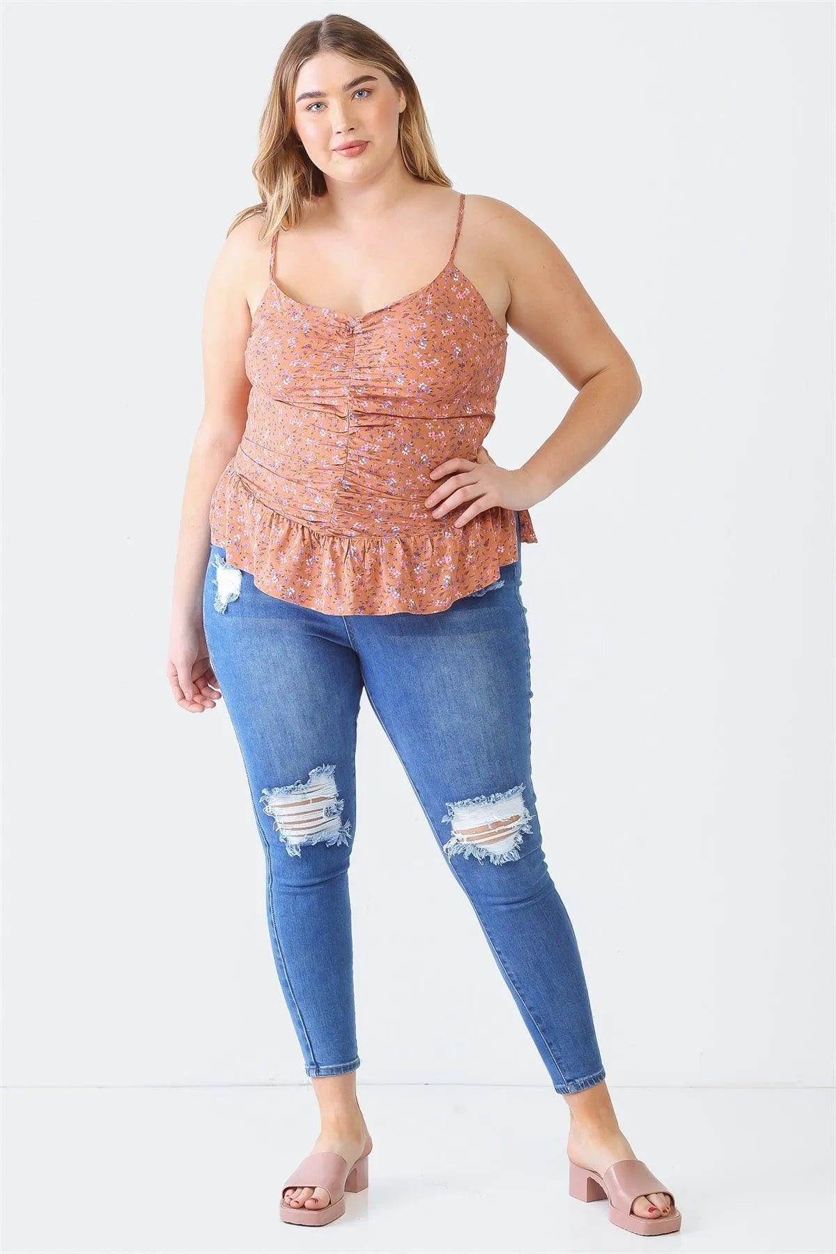Plus Size Clay Floral Ruched Flare Hem Sleeveless Top - Tasha Apparel Wholesale