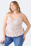 Plus Size Ivory Floral Ruched Flare Hem Sleeveless Top - Tasha Apparel Wholesale