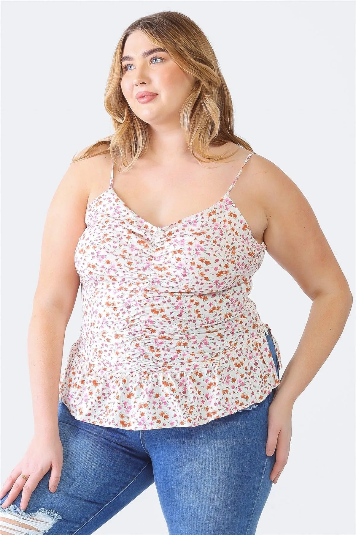 Plus Size Ivory Floral Ruched Flare Hem Sleeveless Top - Tasha Apparel Wholesale
