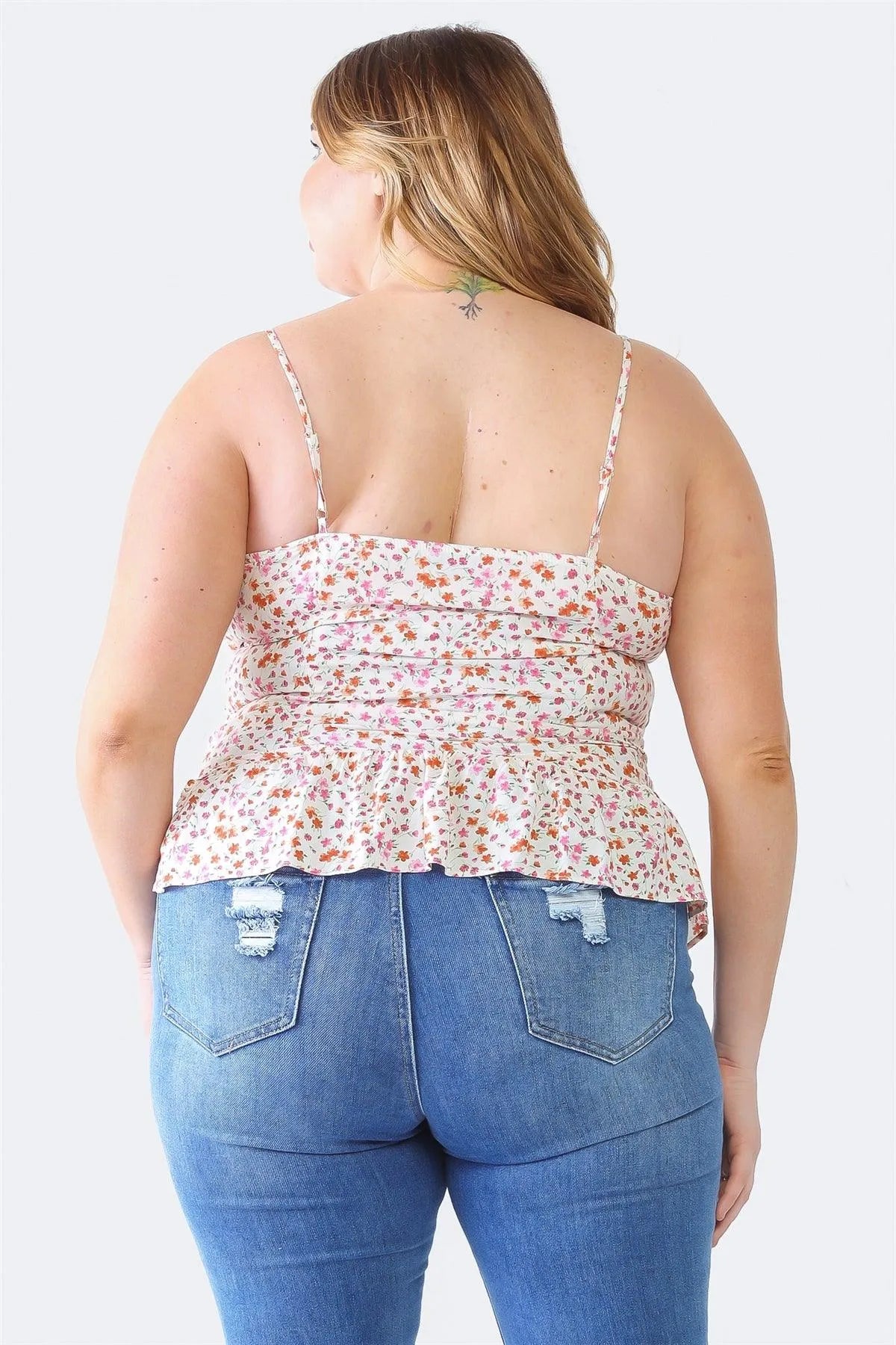 Plus Size Ivory Floral Ruched Flare Hem Sleeveless Top - Tasha Apparel Wholesale