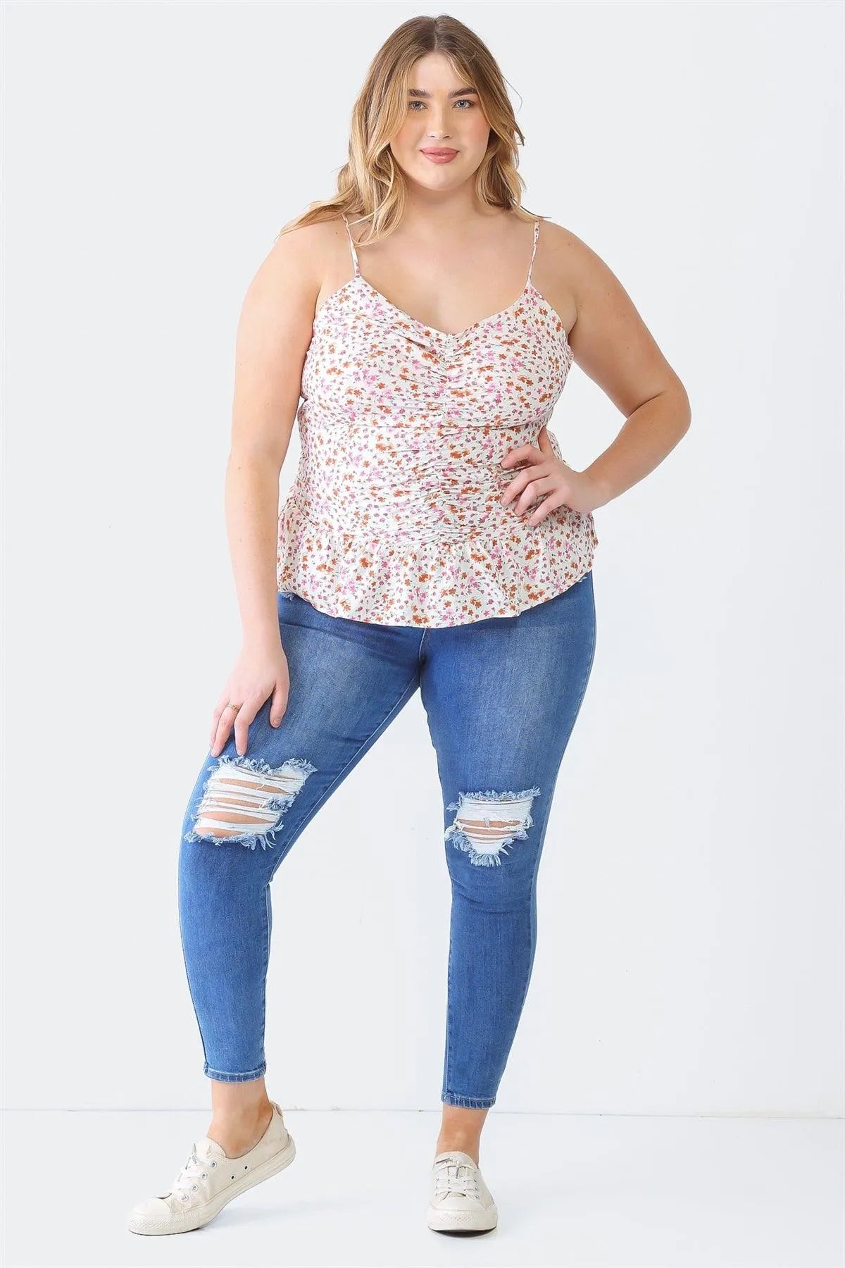 Plus Size Ivory Floral Ruched Flare Hem Sleeveless Top - Tasha Apparel Wholesale