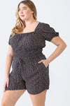 Junior Plus Black Floral Print Short Sleeve Smocked Top & High Waist Belted Shorts Set /1-1-1 - Tasha Apparel Wholesale