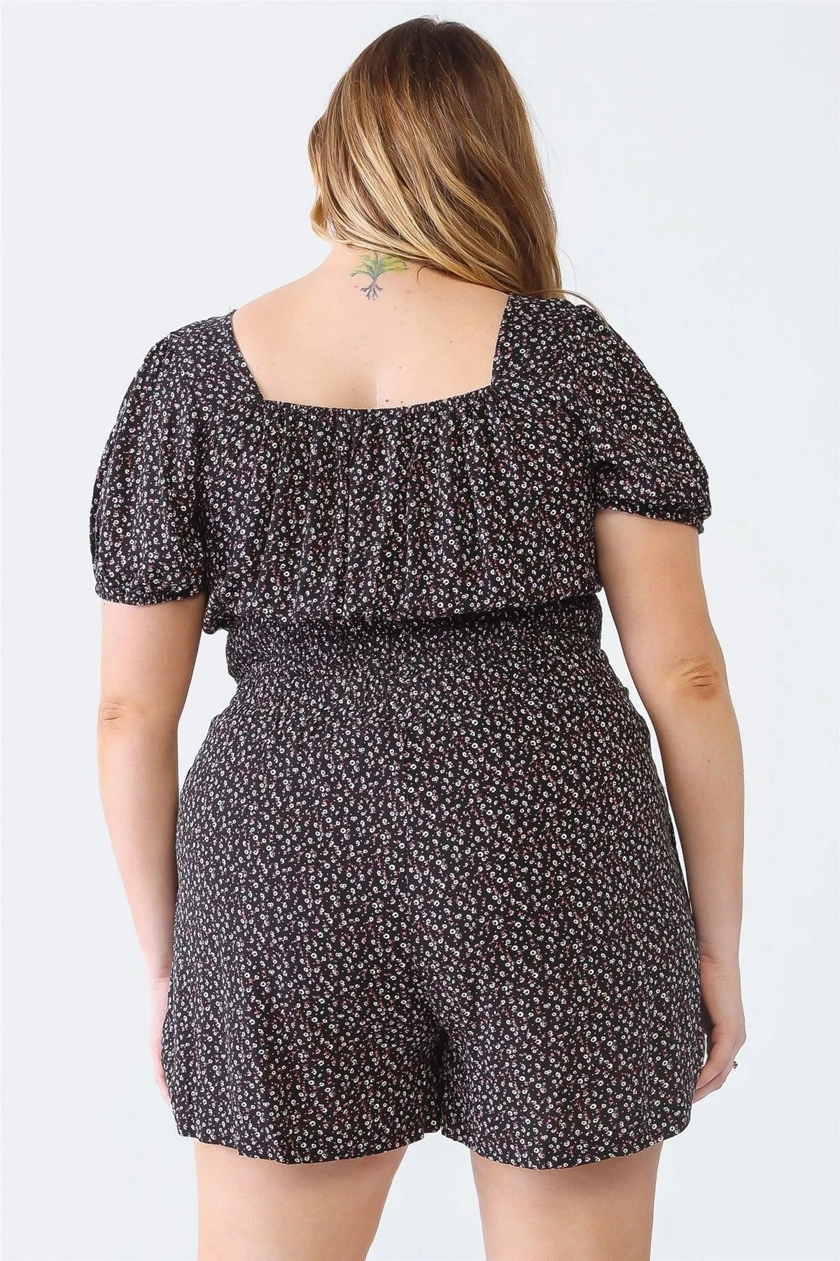 Junior Plus Black Floral Print Short Sleeve Smocked Top & High Waist Belted Shorts Set /1-1-1 - Tasha Apparel Wholesale