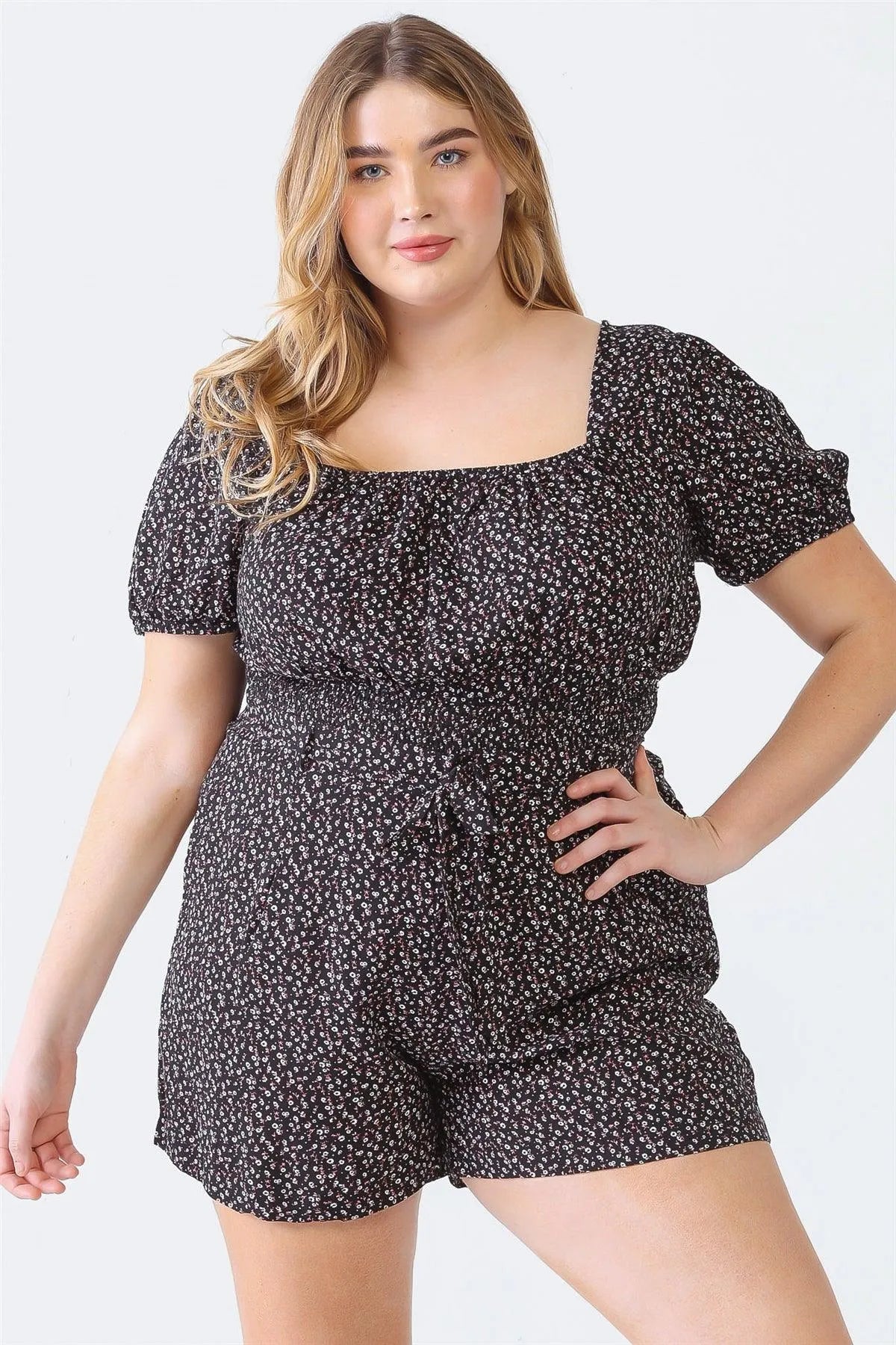 Junior Plus Black Floral Print Short Sleeve Smocked Top & High Waist Belted Shorts Set /1-1-1 - Tasha Apparel Wholesale