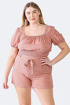 Junior Plus Mauve Floral Print Short Sleeve Smocked Top & High Waist Belted Shorts Set /1-1-1 - Tasha Apparel Wholesale
