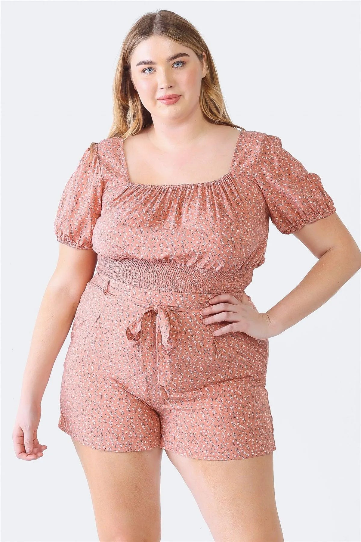 Junior Plus Mauve Floral Print Short Sleeve Smocked Top & High Waist Belted Shorts Set /1-1-1 - Tasha Apparel Wholesale