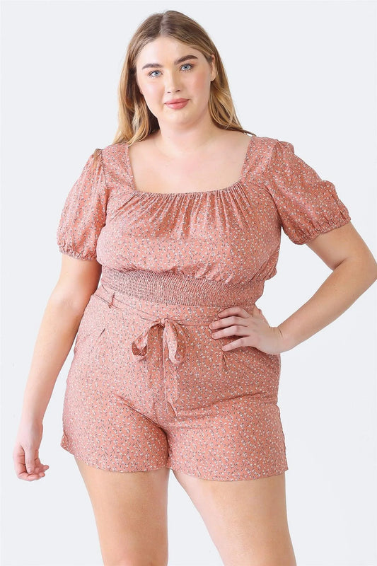 Junior Plus Mauve Floral Print Short Sleeve Smocked Top & High Waist Belted Shorts Set /1-1-1 - Tasha Apparel Wholesale