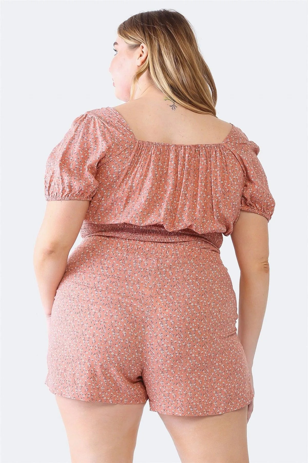 Junior Plus Mauve Floral Print Short Sleeve Smocked Top & High Waist Belted Shorts Set /1-1-1 - Tasha Apparel Wholesale