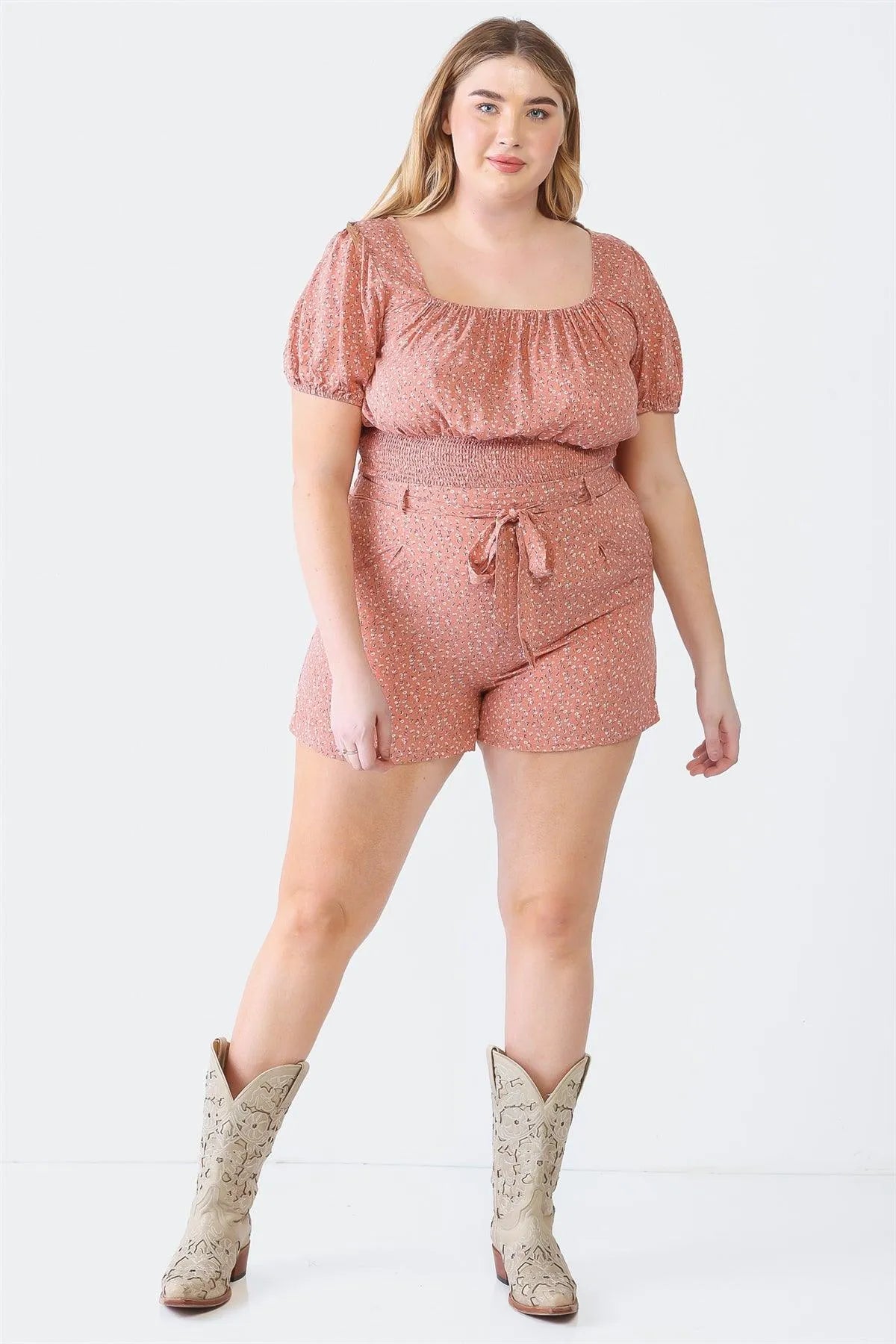 Junior Plus Mauve Floral Print Short Sleeve Smocked Top & High Waist Belted Shorts Set /1-1-1 - Tasha Apparel Wholesale