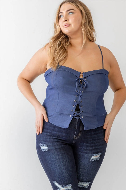 Junior Plus Blue Denim Lace-Up Sleeveless Smocked Back Cami Top /1-1-1 - Tasha Apparel Wholesale