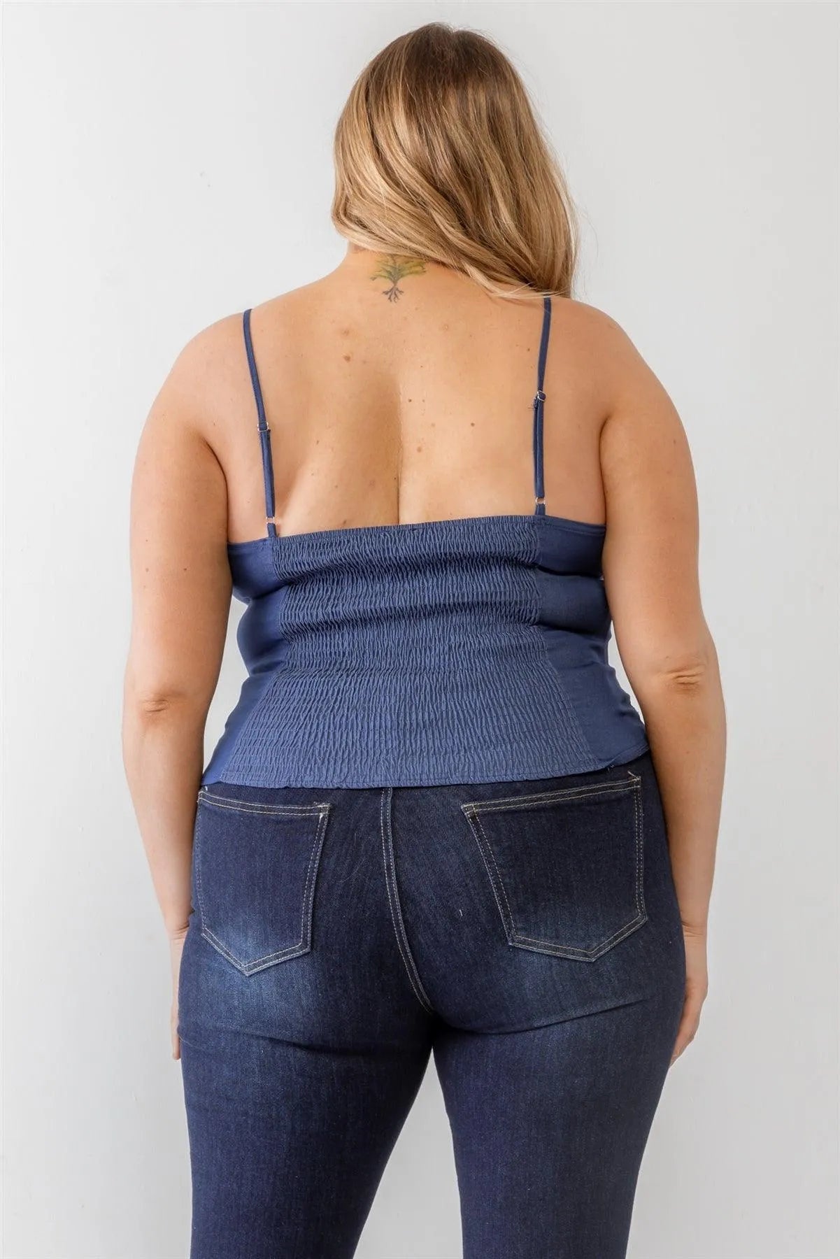 Junior Plus Blue Denim Lace-Up Sleeveless Smocked Back Cami Top /1-1-1 - Tasha Apparel Wholesale