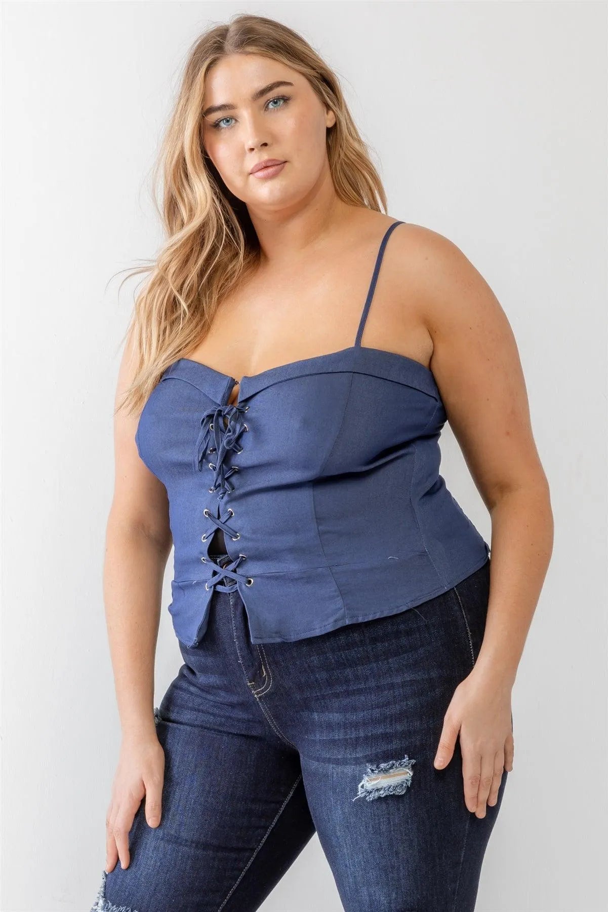 Junior Plus Blue Denim Lace-Up Sleeveless Smocked Back Cami Top /1-1-1 - Tasha Apparel Wholesale