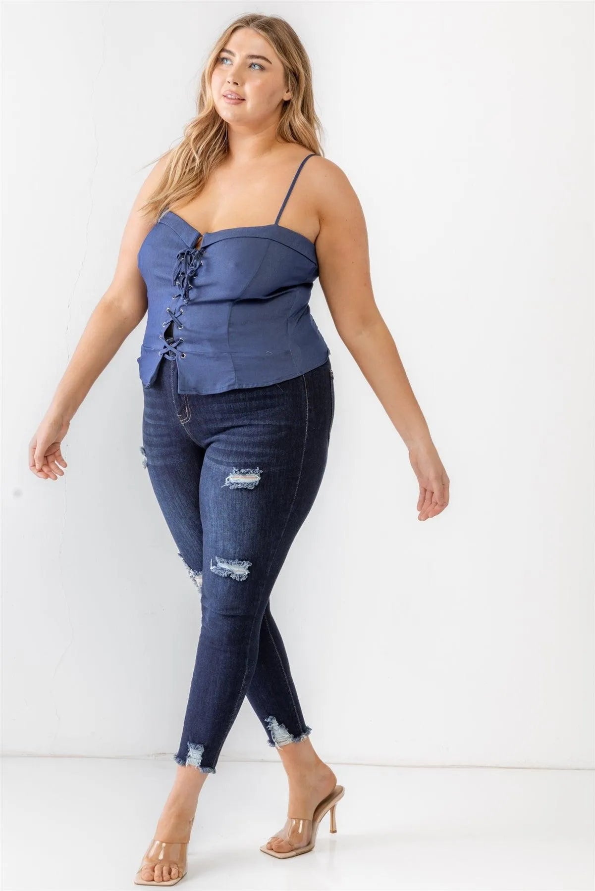 Junior Plus Blue Denim Lace-Up Sleeveless Smocked Back Cami Top /1-1-1 - Tasha Apparel Wholesale