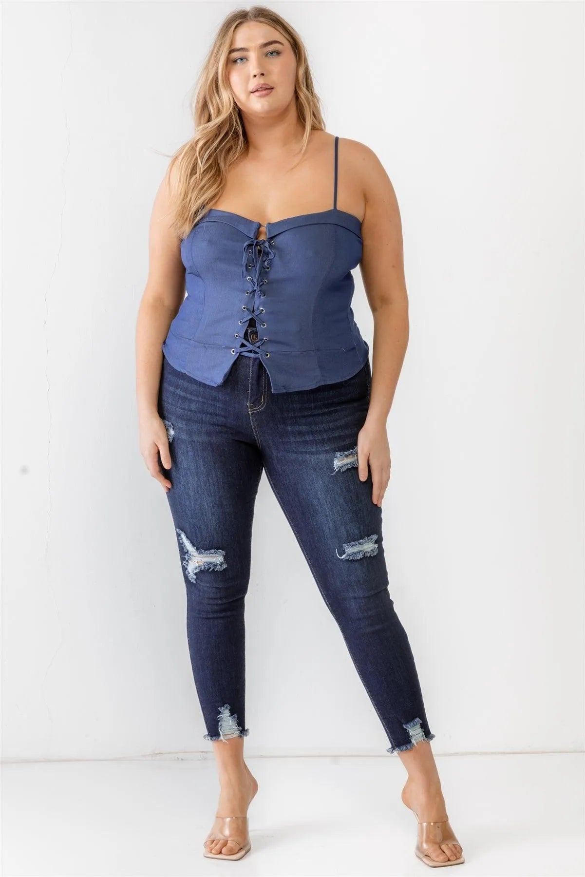 Junior Plus Blue Denim Lace-Up Sleeveless Smocked Back Cami Top /1-1-1 - Tasha Apparel Wholesale