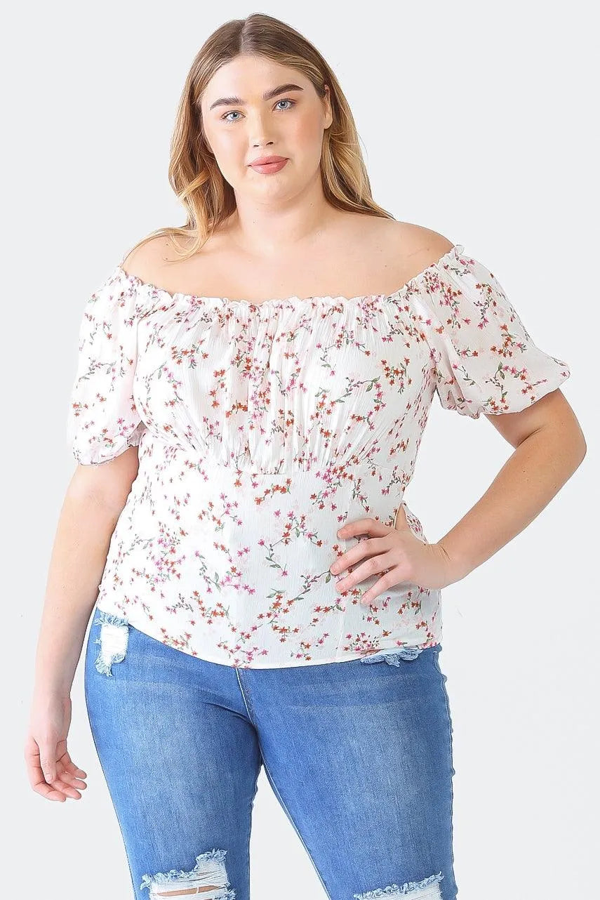 Junior Plus Ivory Floral Print Textured Short Sleeve Smocked Back Top /1-1-1 - Tasha Apparel Wholesale