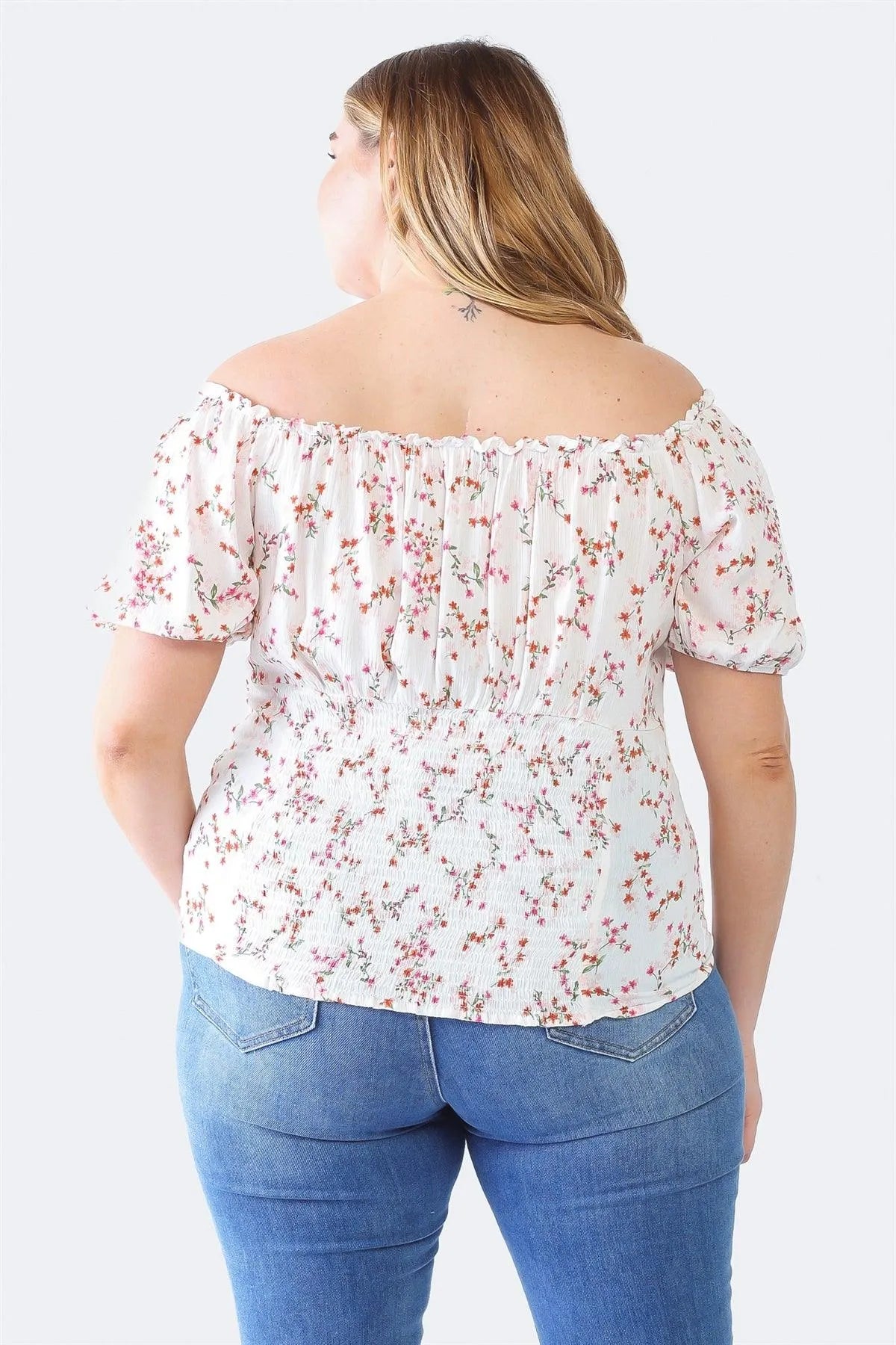 Junior Plus Ivory Floral Print Textured Short Sleeve Smocked Back Top /1-1-1 - Tasha Apparel Wholesale