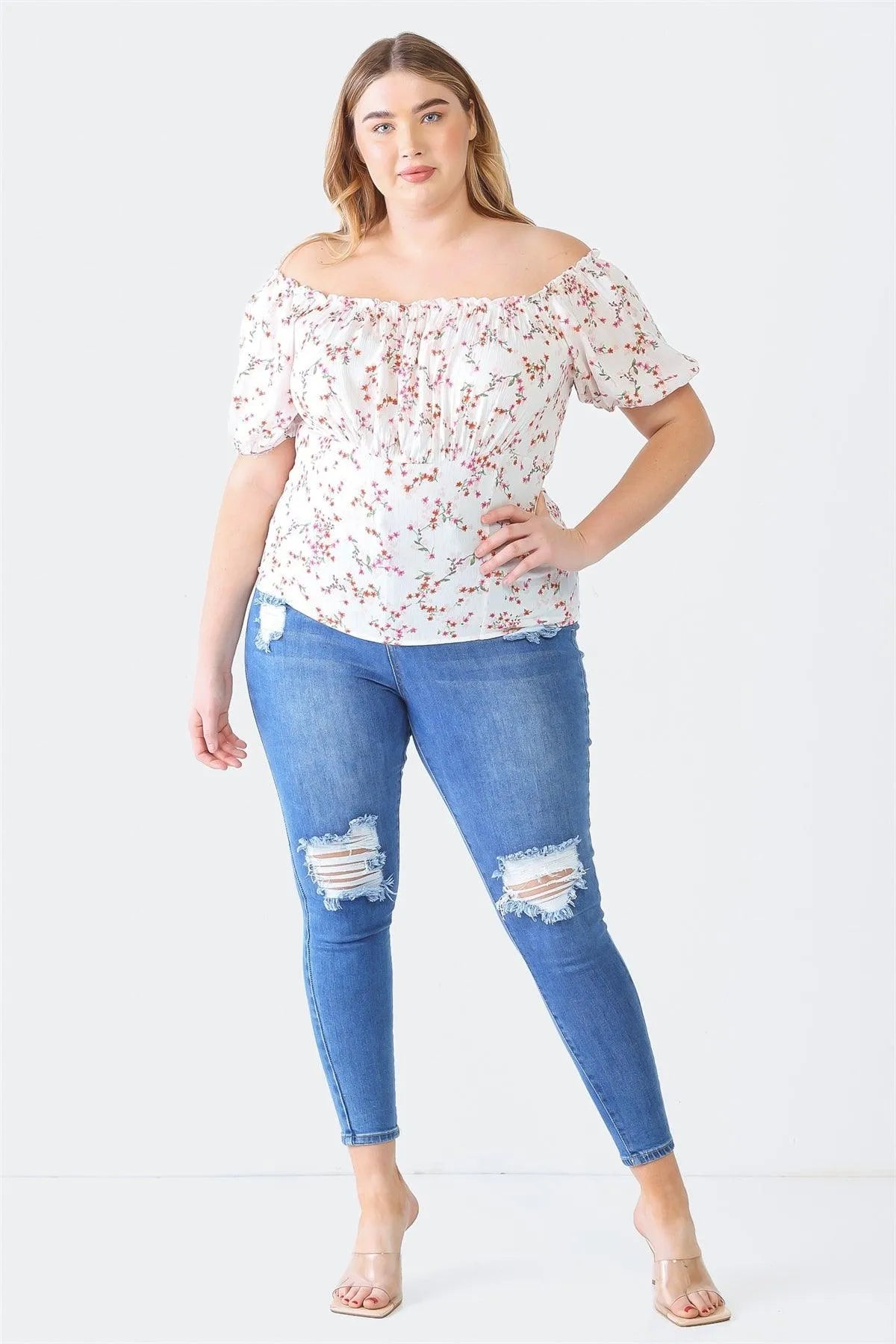 Junior Plus Ivory Floral Print Textured Short Sleeve Smocked Back Top /1-1-1 - Tasha Apparel Wholesale