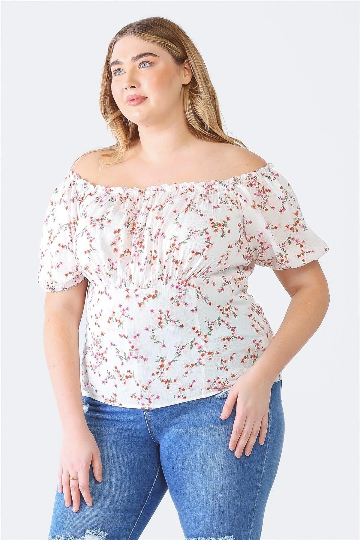 Junior Plus Mauve Floral Print Textured Short Sleeve Smocked Back Top /1-1-1 - Tasha Apparel Wholesale