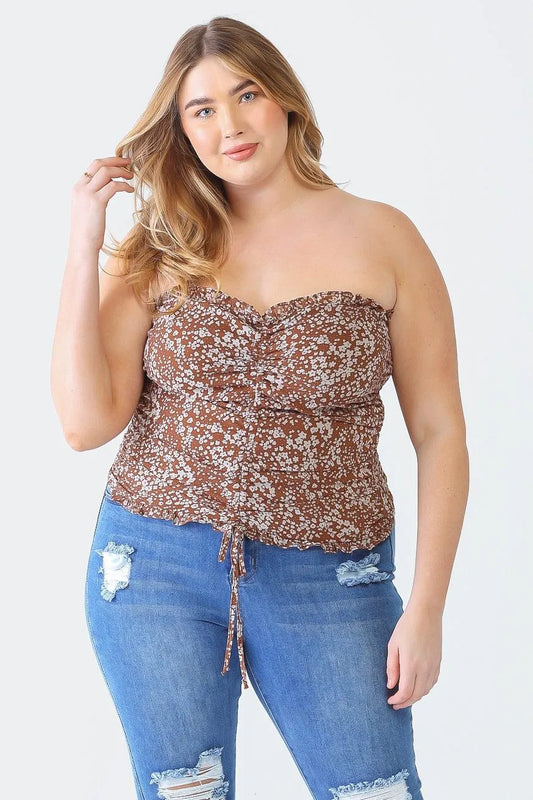 Plus Size Floral Ruched Ruffle Smocked Strapless Top - Tasha Apparel Wholesale