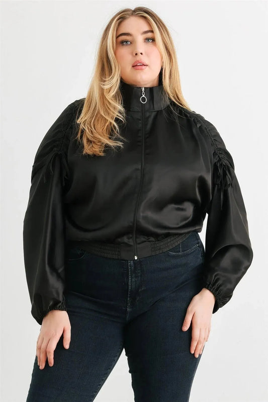 Plus Size Satin Ruched Sleeve Bomber Jacket - Tasha Apparel Wholesale