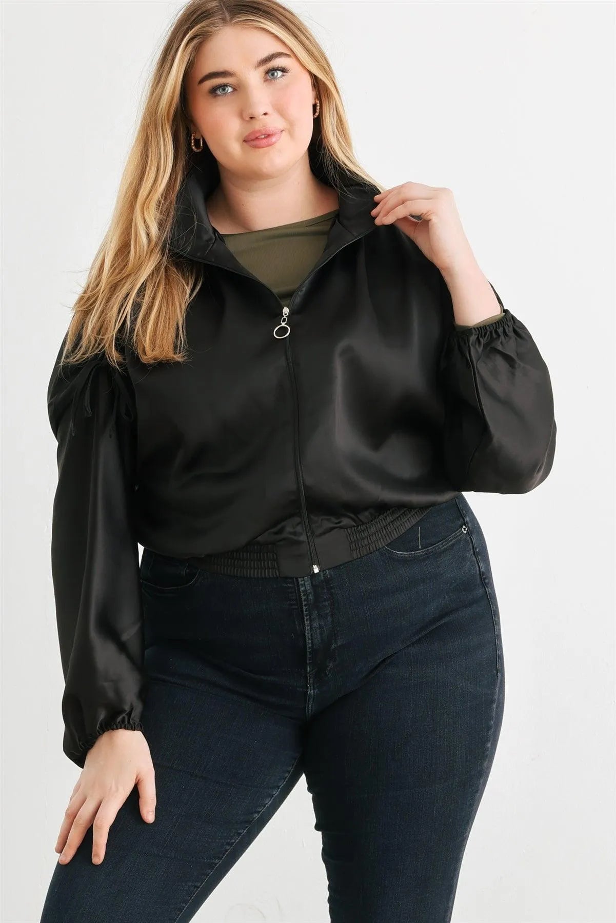 Junior Plus Satin Ruched Cropped Bomber Jacket - Tasha Apparel Wholesale