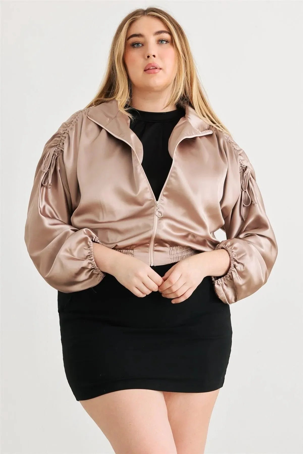 Plus Size Satin Ruched Sleeve Bomber Jacket