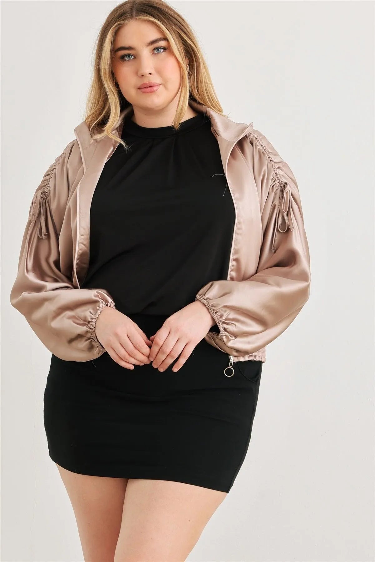 Junior Plus Mocha Satin Zip-Up Cropped Bomber Jacket /1-1-1 - Tasha Apparel Wholesale