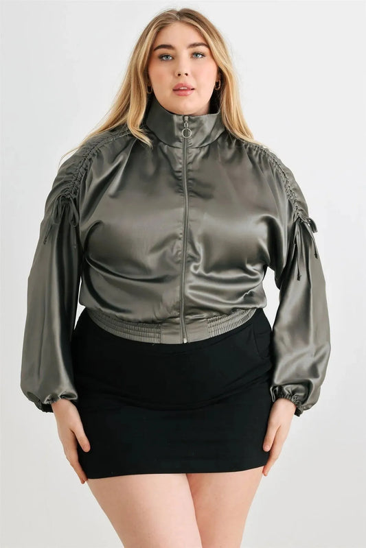 Plus Size Satin Ruched Sleeve Bomber Jacket - Tasha Apparel Wholesale