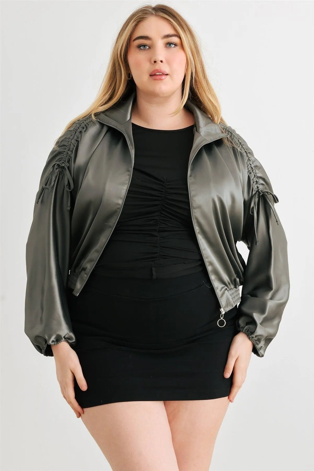 Junior Plus Olive Satin Zip-Up Cropped Bomber Jacket /1-1-1 - Tasha Apparel Wholesale