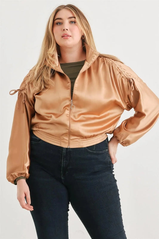 Plus Size Satin Ruched Sleeve Bomber Jacket - Tasha Apparel Wholesale