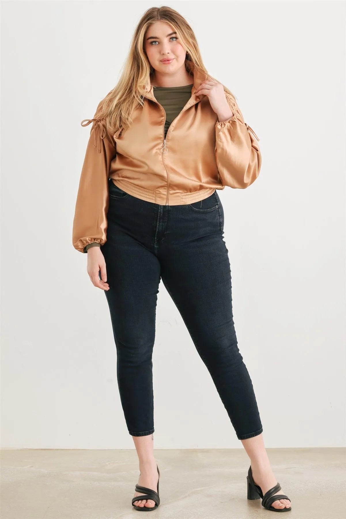 Plus Satin Zip-Up Ruched Cropped Bomber Jacket /1-1-1 - Tasha Apparel Wholesale