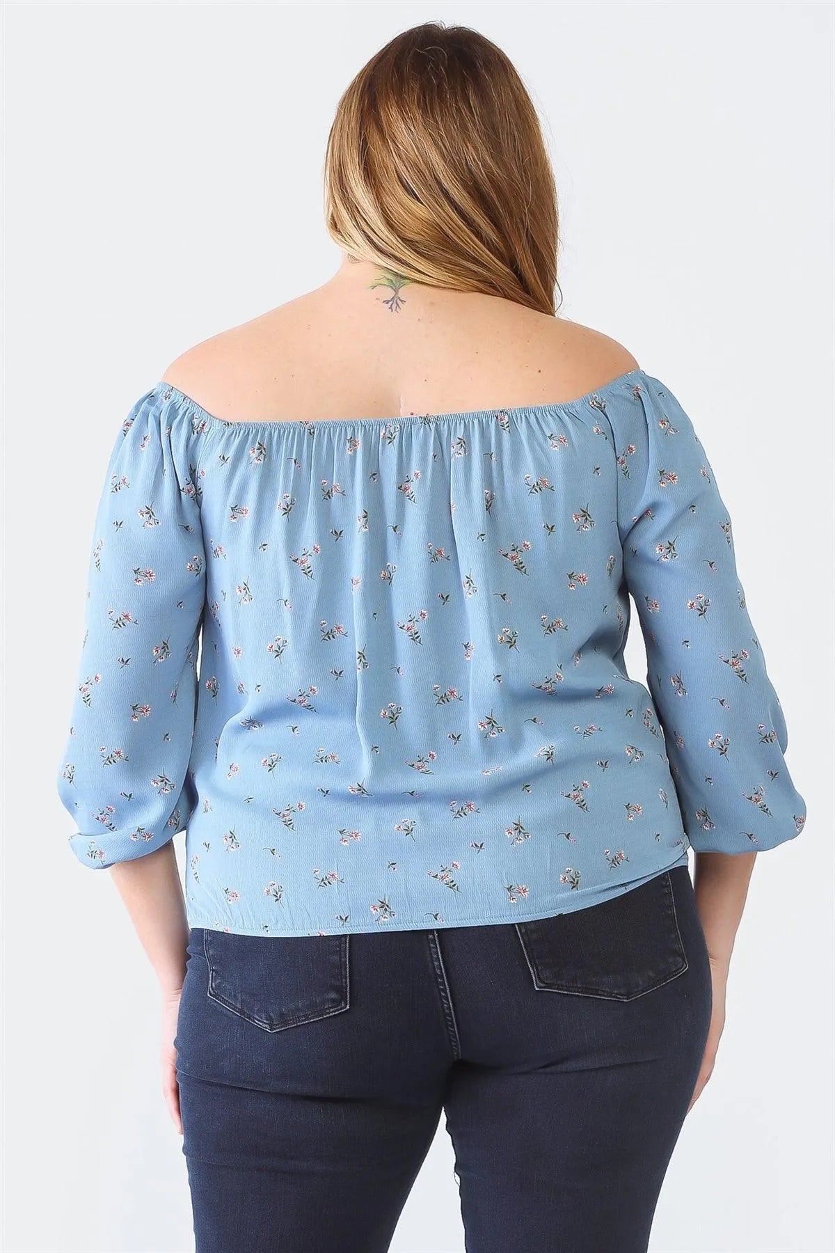 Plus Size Blue Floral Off-The-Shoulder Ruched Top - Tasha Apparel Wholesale