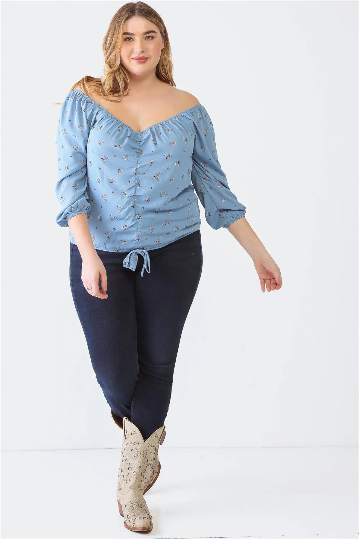 Plus Size Blue Floral Off-The-Shoulder Ruched Top - Tasha Apparel Wholesale