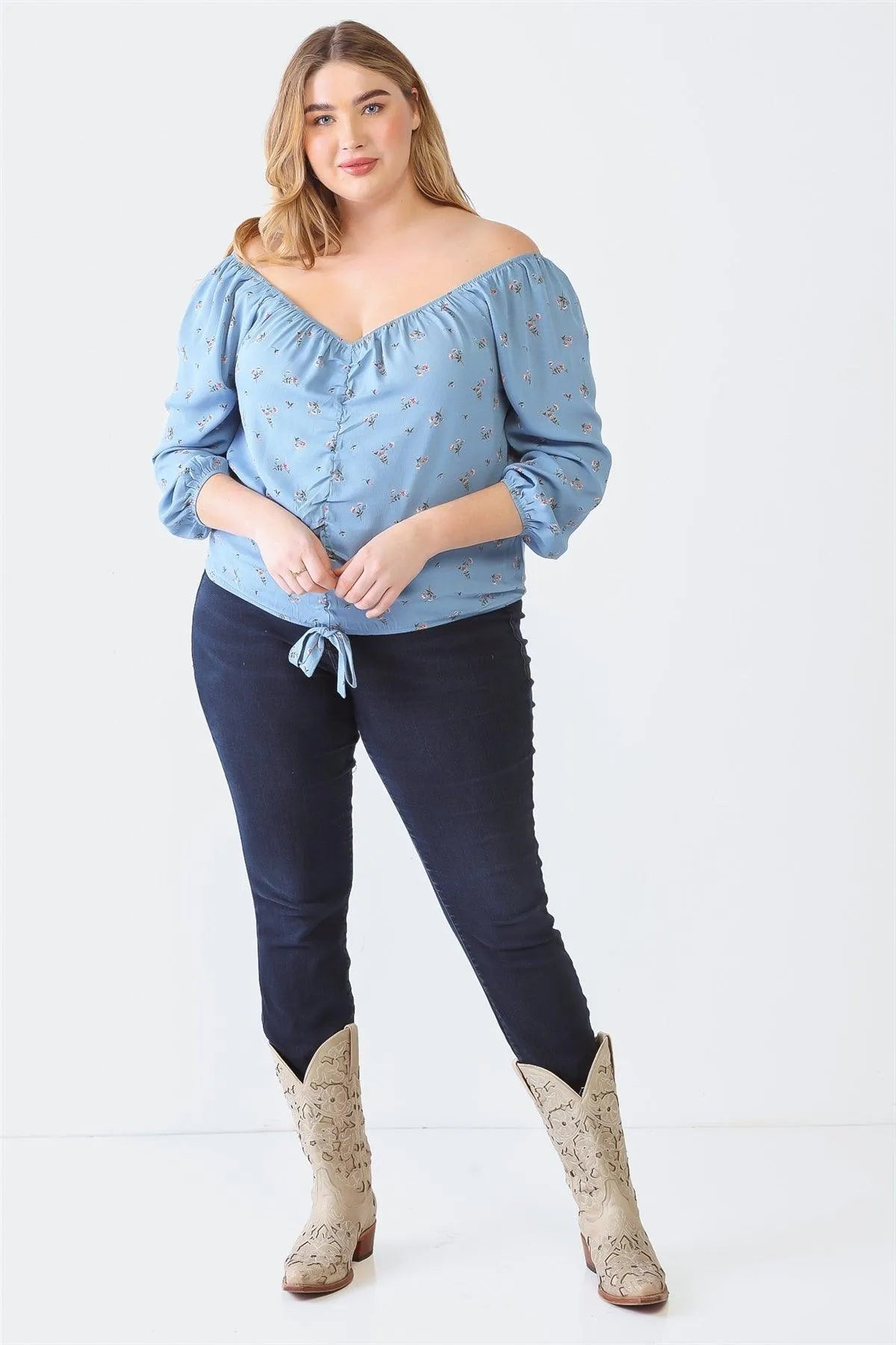 Plus Size Blue Floral Off-The-Shoulder Ruched Top - Tasha Apparel Wholesale