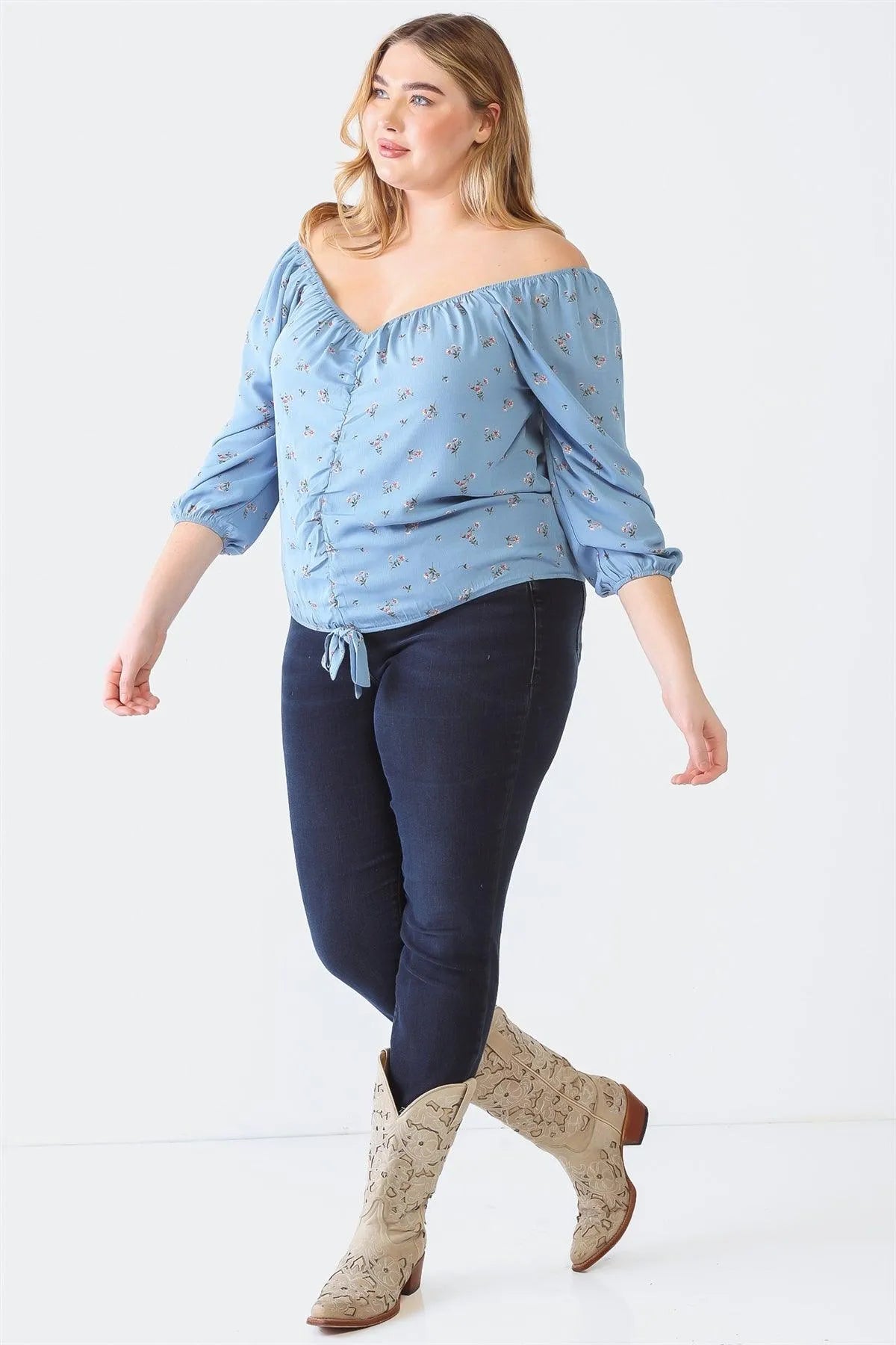 Plus Size Blue Floral Off-The-Shoulder Ruched Top - Tasha Apparel Wholesale