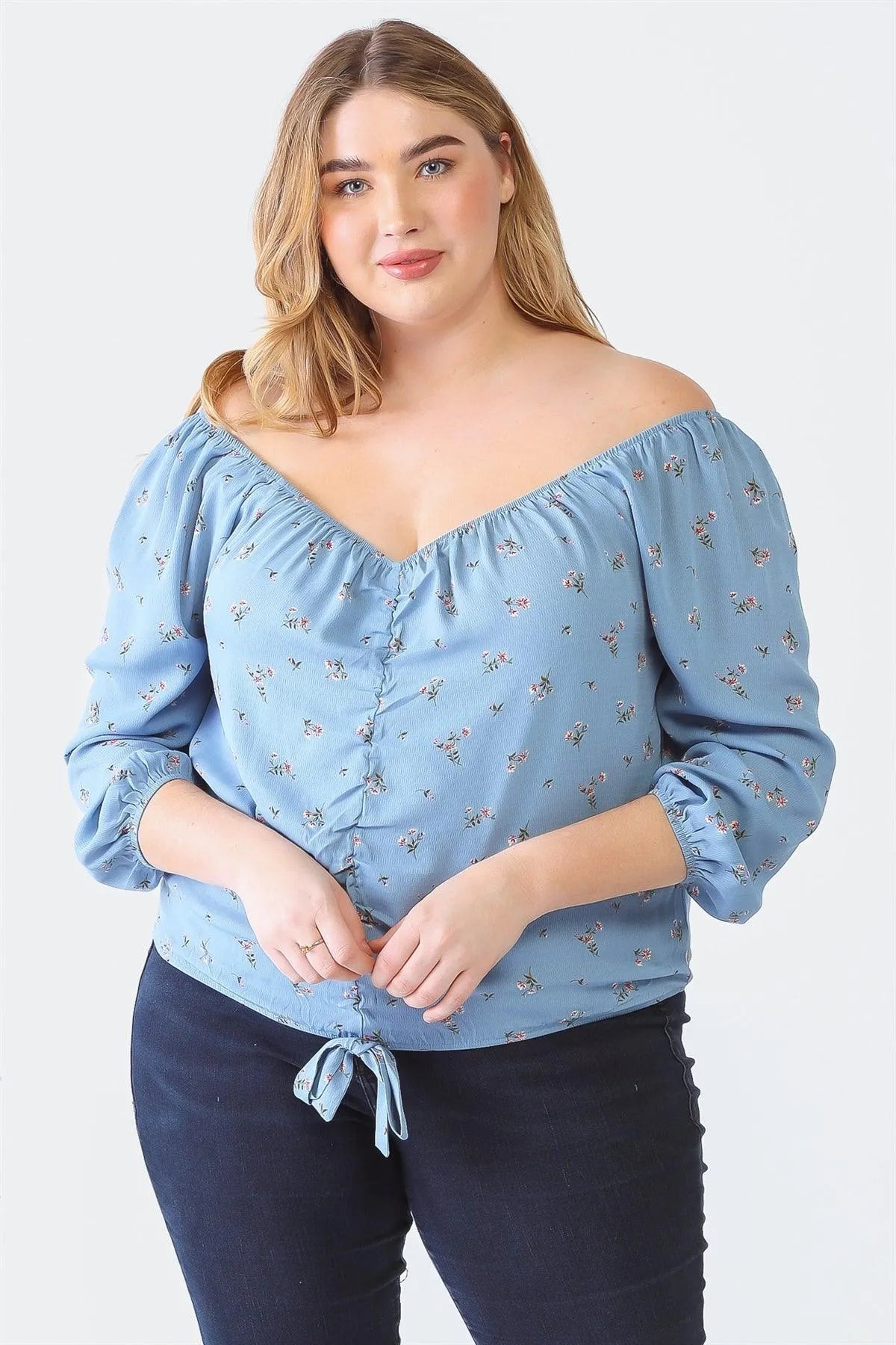 Plus Size Floral Off-The-Shoulder Ruched Crop Top /1-1-1 - Tasha Apparel Wholesale