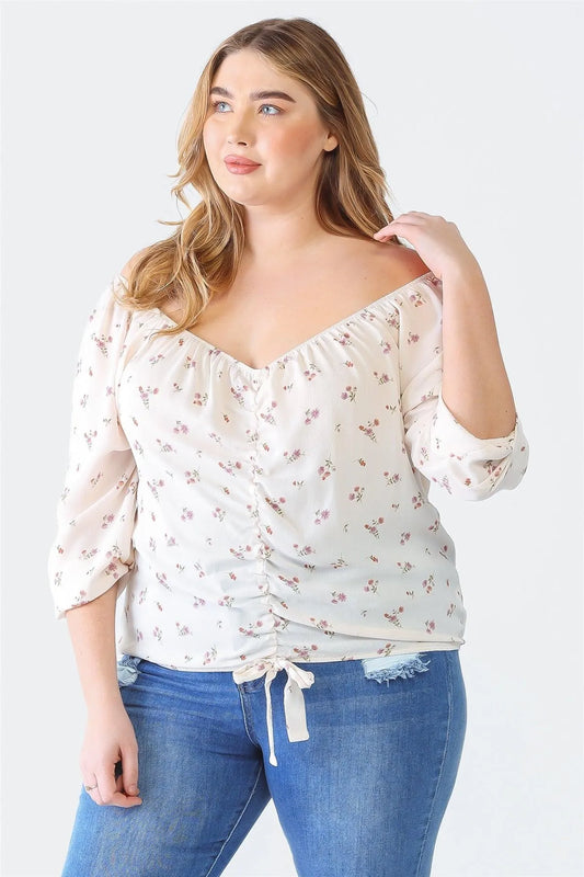 Junior Plus Off-White Floral Print Off-The-Shoulder Ruched Crop Top /1-1-1 - Tasha Apparel Wholesale