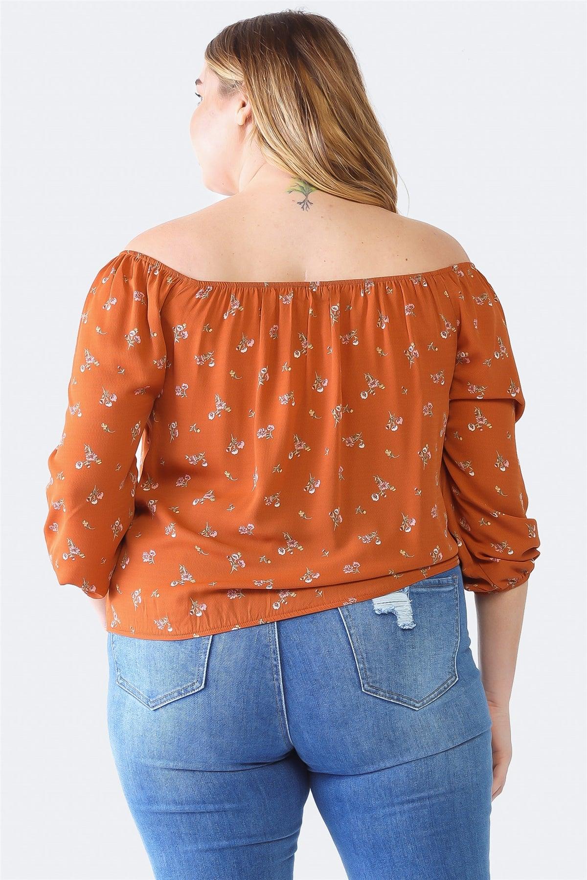 Junior Plus Rust Floral Print Off-The-Shoulder Ruched Top /1-1-1