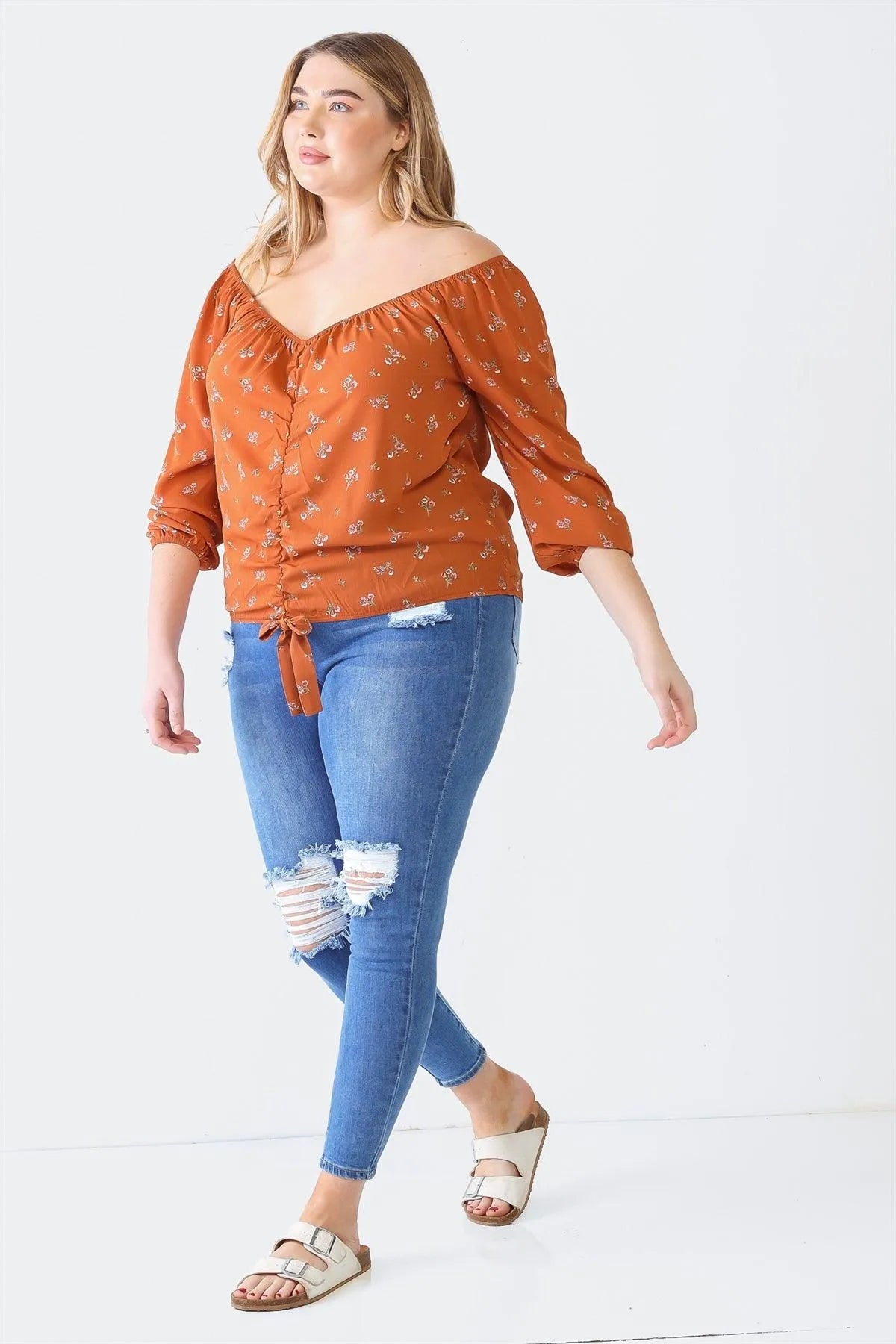 Wholesale Plus Size Rust Floral Off-The-Shoulder Ruched Top
