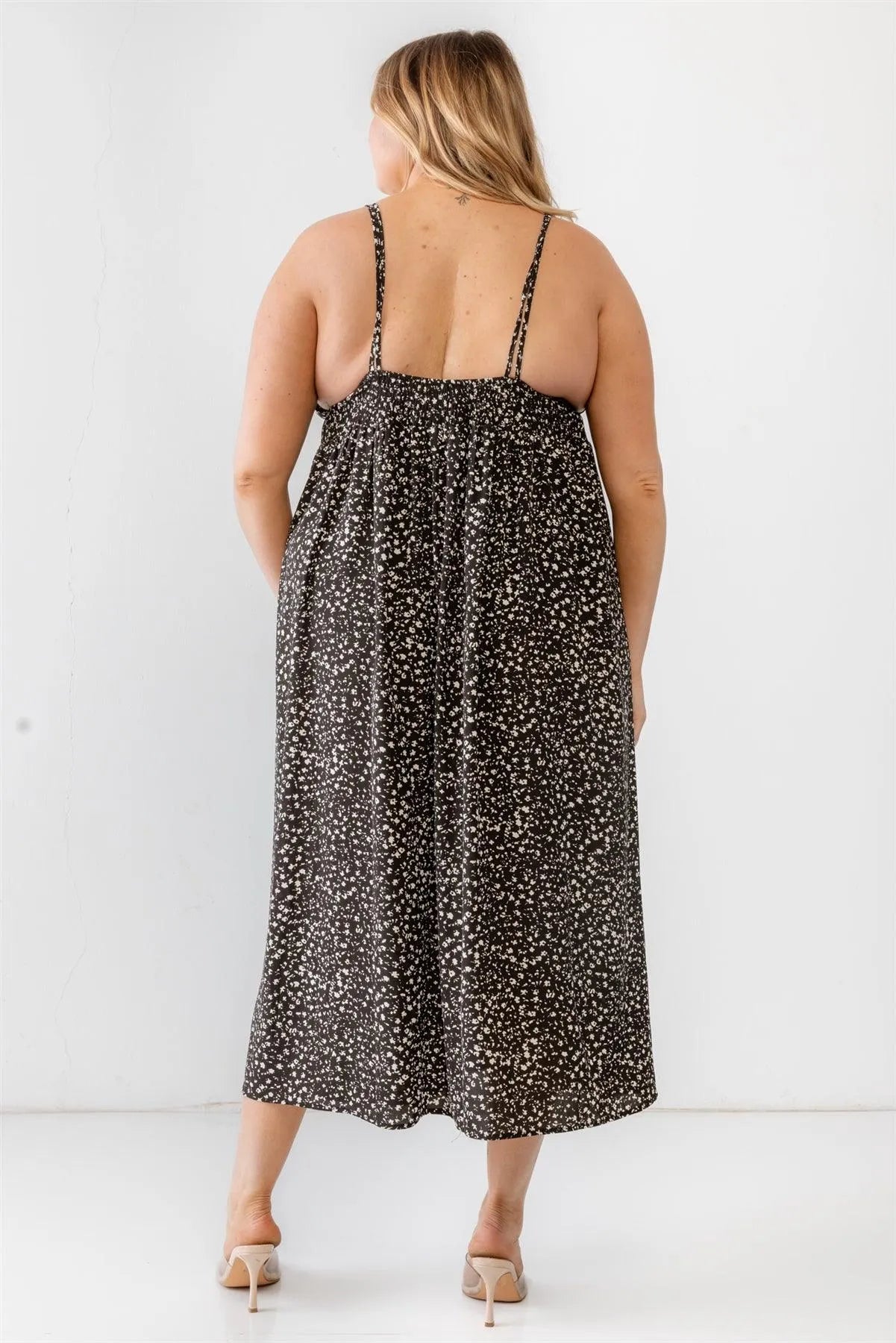 Junior Plus Black Floral Smocked Waist Sleeveless Midi Dress /1-1-1 - Tasha Apparel Wholesale