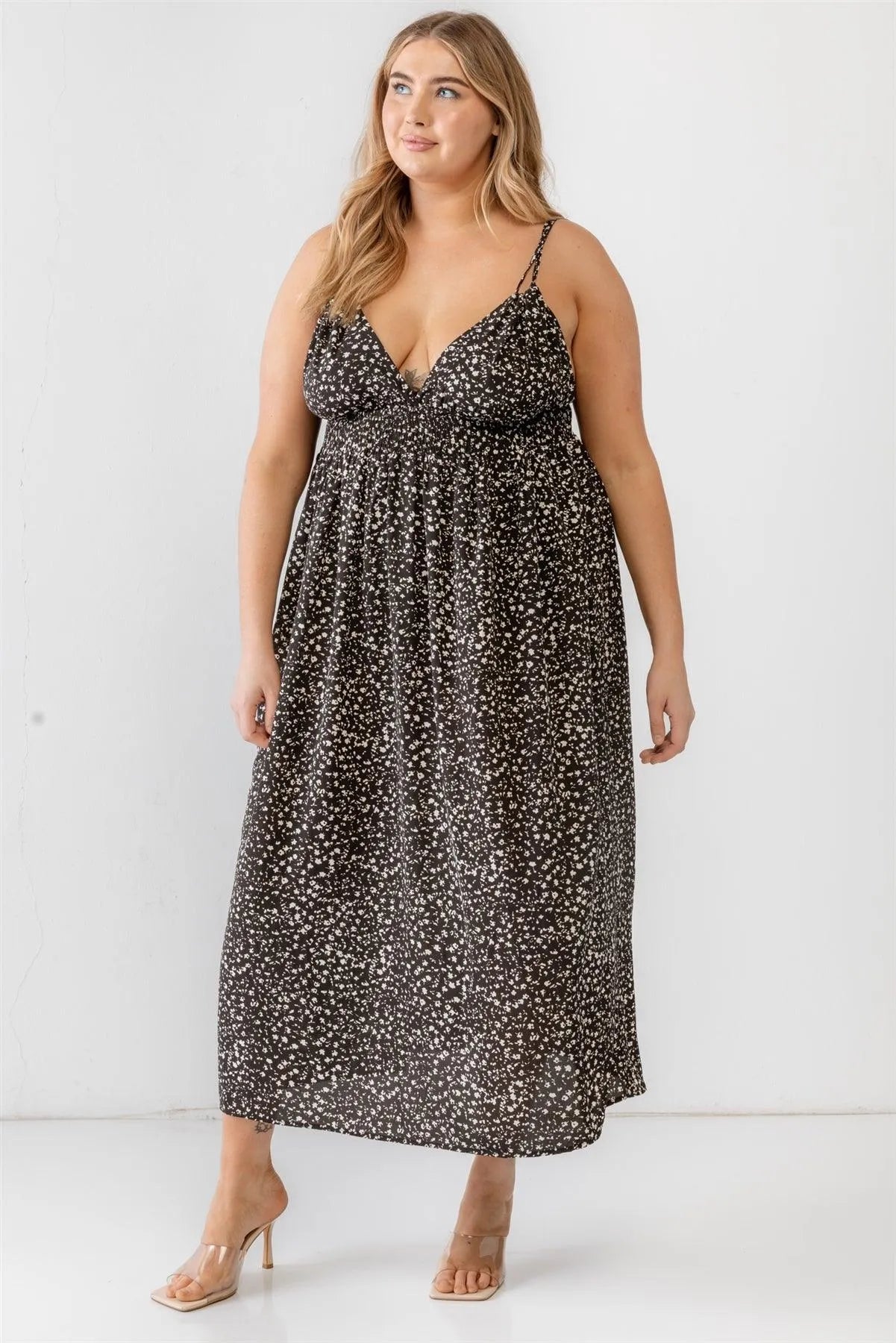 Junior Plus Black Floral Smocked Waist Sleeveless Midi Dress /1-1-1 - Tasha Apparel Wholesale