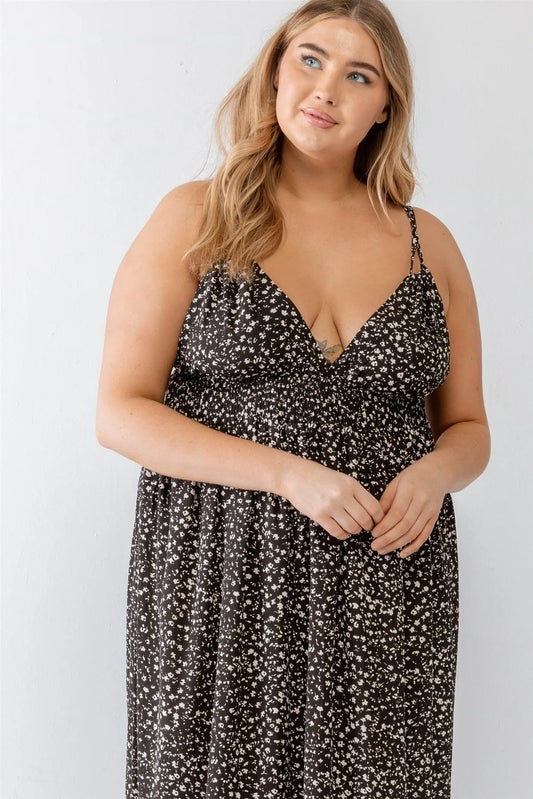 Junior Plus Black Floral Smocked Waist Sleeveless Midi Dress /2-2-1 - Tasha Apparel Wholesale