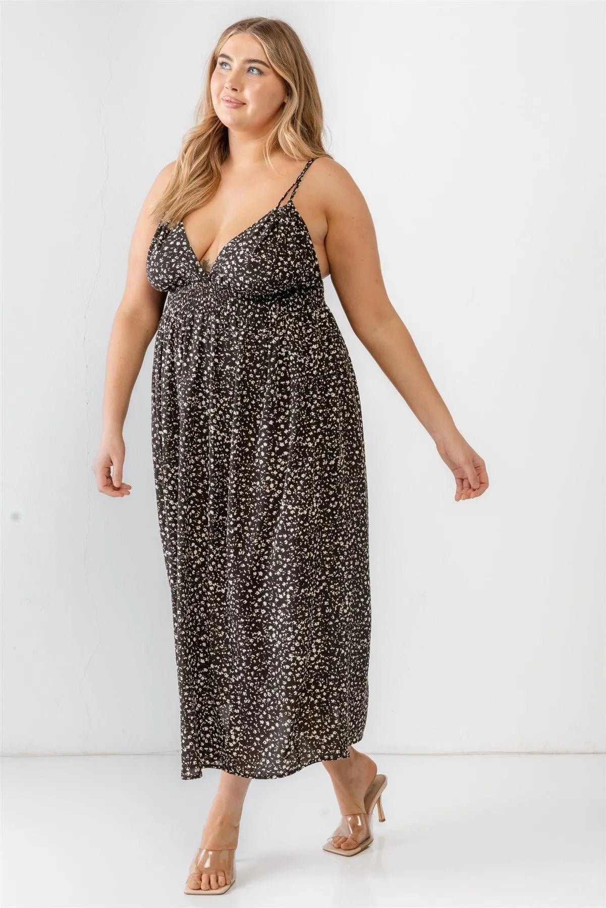 Junior Plus Black Floral Smocked Waist Sleeveless Midi Dress /1-2-2 - Tasha Apparel Wholesale