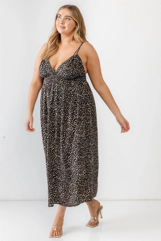 Junior Plus Black Floral Smocked Waist Sleeveless Midi Dress /1-2-2 - Tasha Apparel Wholesale